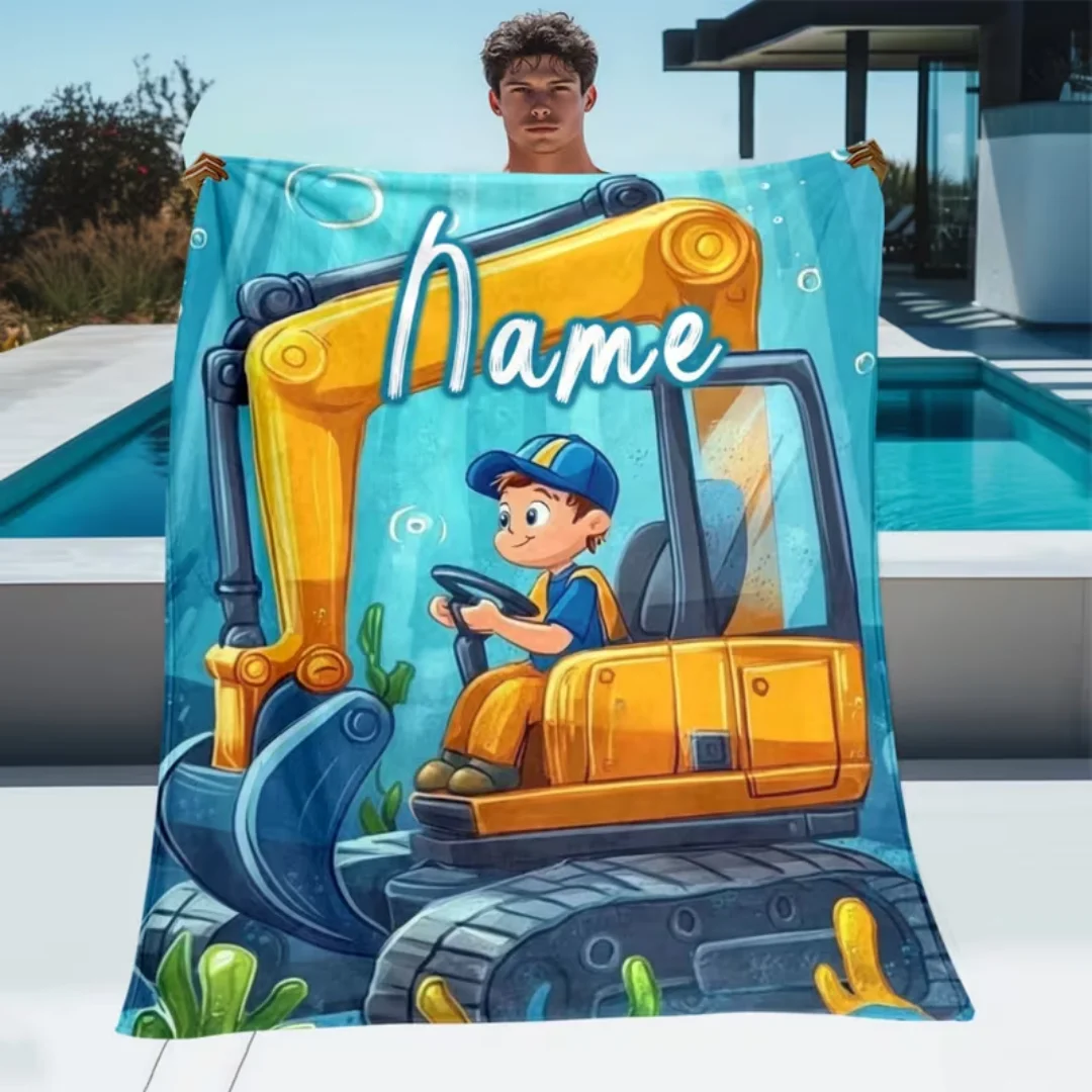 Personalized Custom Name Cartoon Excavator Flannel Blanket, Lightweight Soft Warm Portable Throw for Sofa Bed Travel Camping Hom