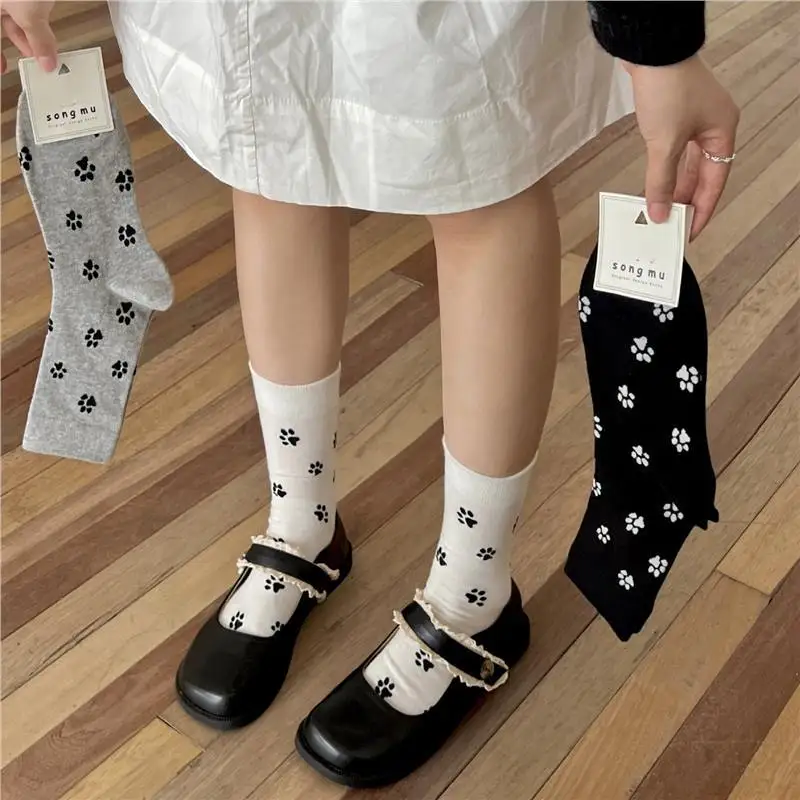 3 Pairs Women's Socks Set Korean Cute Cartoon Dog Claw Socks High Quality Cotton Kawaii Sweet Casual Versatile Mid Tube Socks
