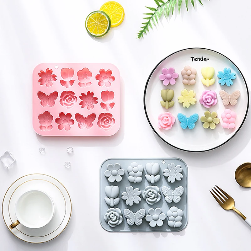 12 Grids 3D Different Flower Butterfly Shapes Silicone Mold Chocolate Candy Cake Jelly Mold Fondant Baking Mold Food DIY Tool