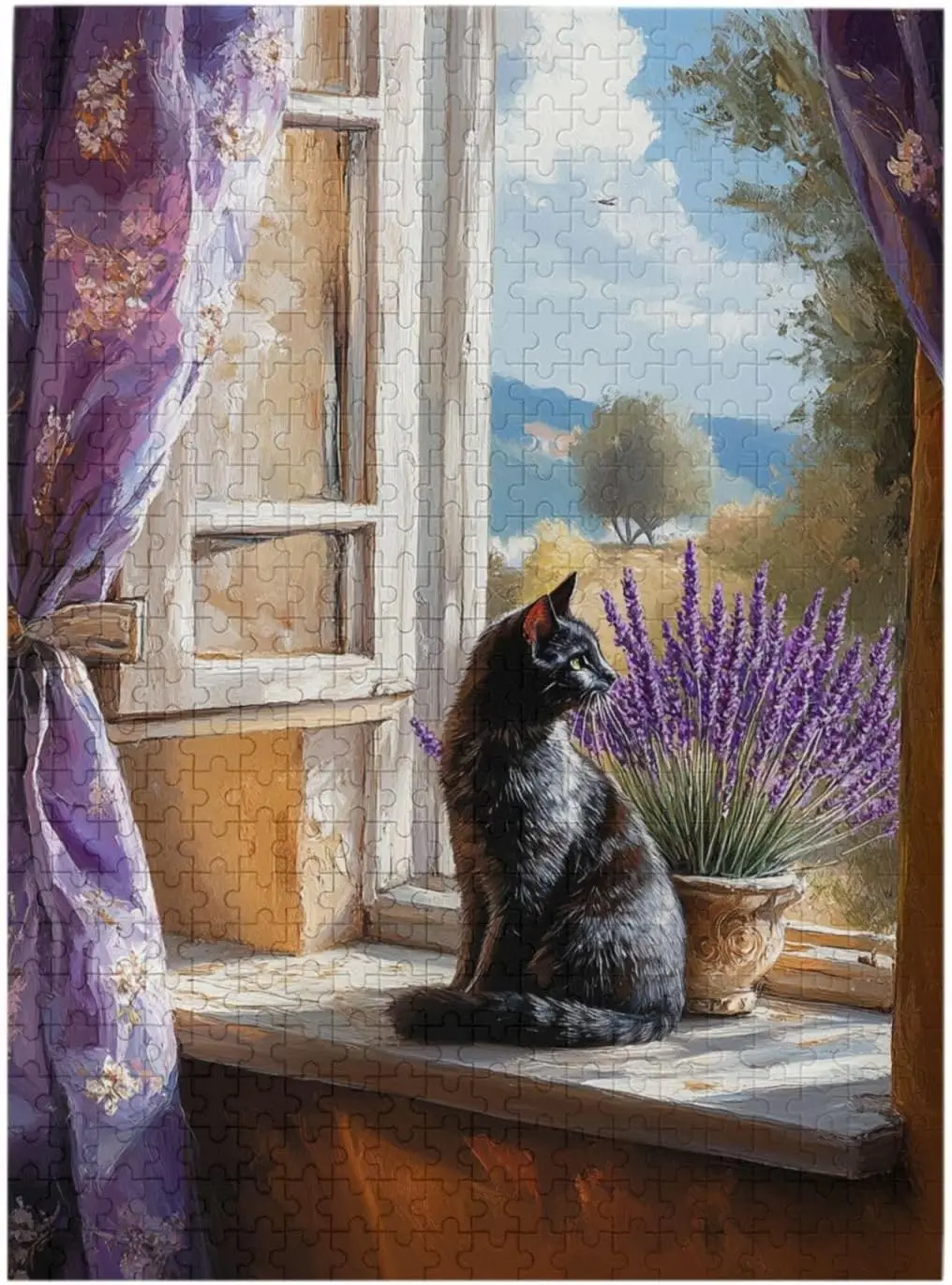 

Window Lavender Black Cat Oil Painting Wooden Jigsaw Puzzle 500 1000 Pieces Couple Relax Handicraft Anniversary Souvenir Gifts