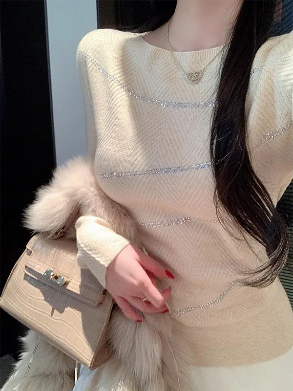 

Женский облегающий трикотажный свитер с пайетками, тонкий, для повседневной носки, в корейском стиле, средней толщины