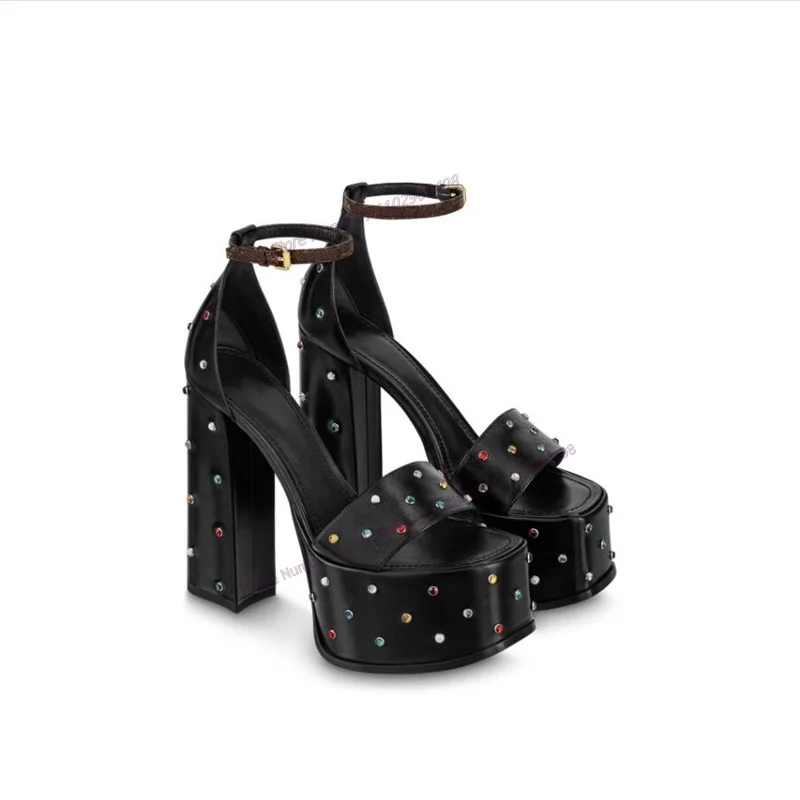 

Black Matte Leather Crystal Decor Sandals Platform Peep Toe Shoes for Women Chunky High Heels Shoes 2023 Zapatos Para Mujere