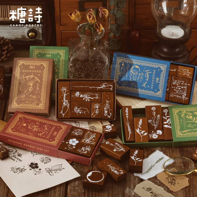 6 Pcs Vintage Literary Plant Wooden Rubber Stamp Cute Journal Scrapbook Decoration Stamp DIY Collage Stationery Supplies Kawaii