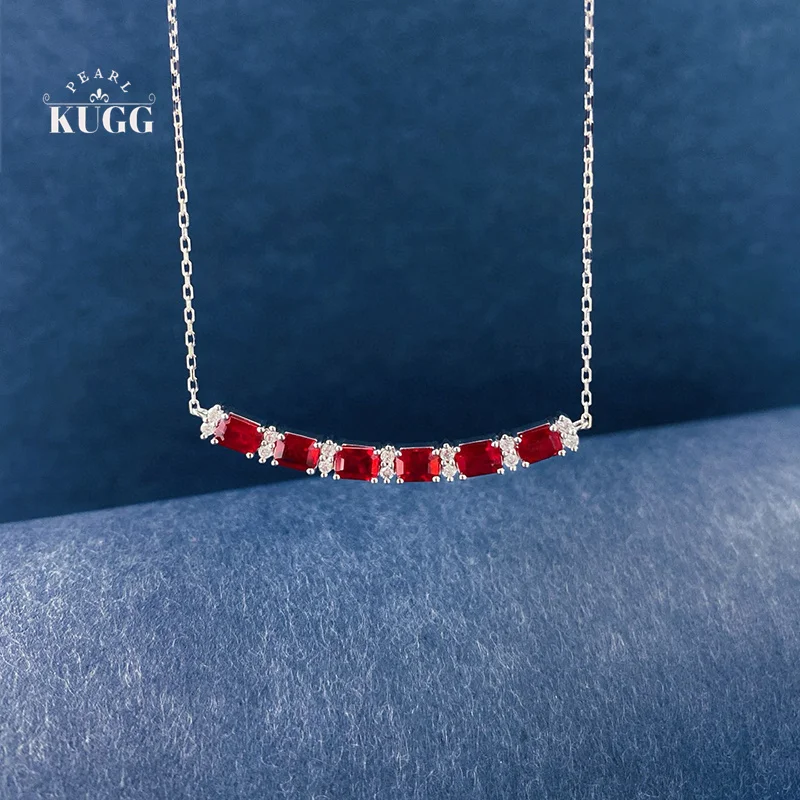 

KUGG 100% 18K White Gold Necklace Elegant Style Shiny Diamond Natural Ruby Pendant Necklace for Women High Gemstone Jewelry