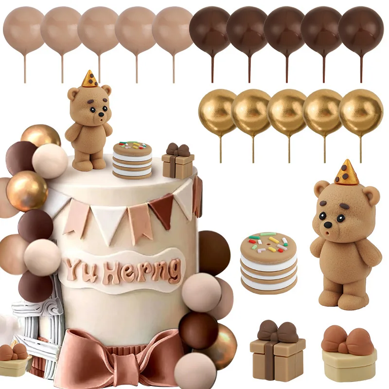 

19Pcs Cute Brown Bear Cake Balls Topper Kit Kids Boy Girl 1st Birthday Party Decoration Baby Shower Cake Decor Supplies