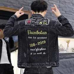 Male Jean Coats Slim Fit with Print Men's Denim Jacket Punk Lxury Clothing Large Size Worn New in Cowboy Fast Delvery G Designer
