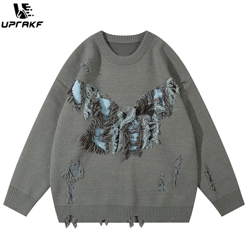 

UPRAKF Butterfly Embroidery Ripped O Neck Sweater Tops Autumn Loose Pullover Winter High Quality Casual Fashion