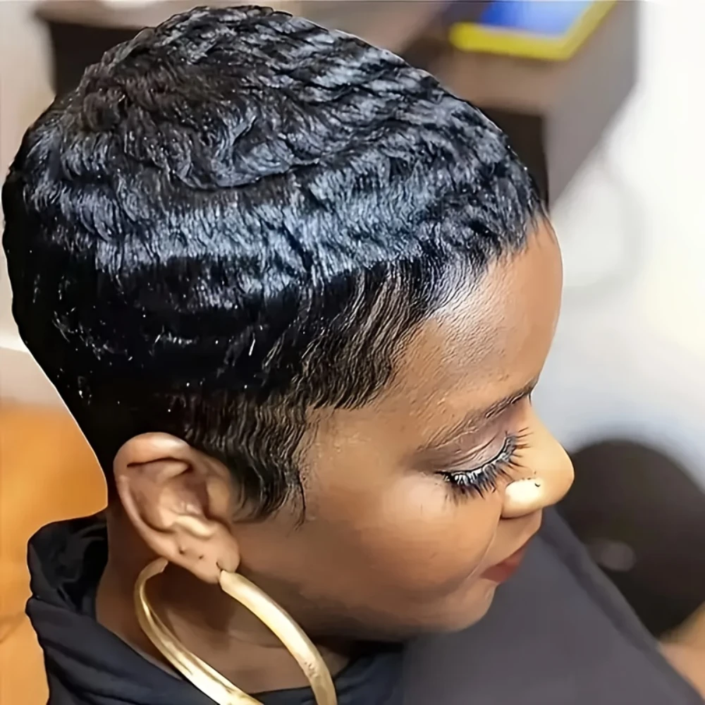 密度150% 4インチ ピクシーカット カールウェーブ 人毛ウィッグ 女性用 フルマシンメイド ウィッグ デイリーユース パーティー用