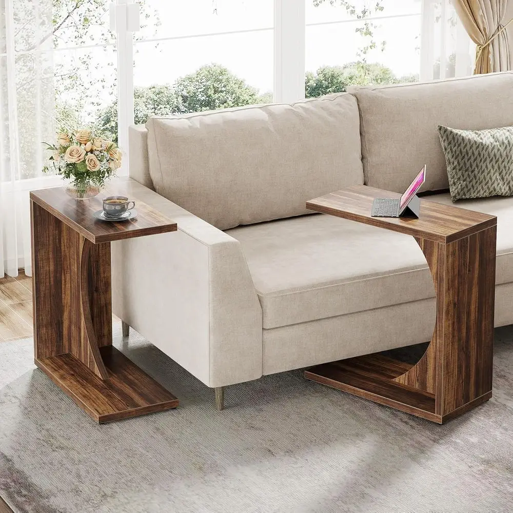 Rustic Brown C-Shaped End Table for Small Spaces: Living Room & Bedroom Companion