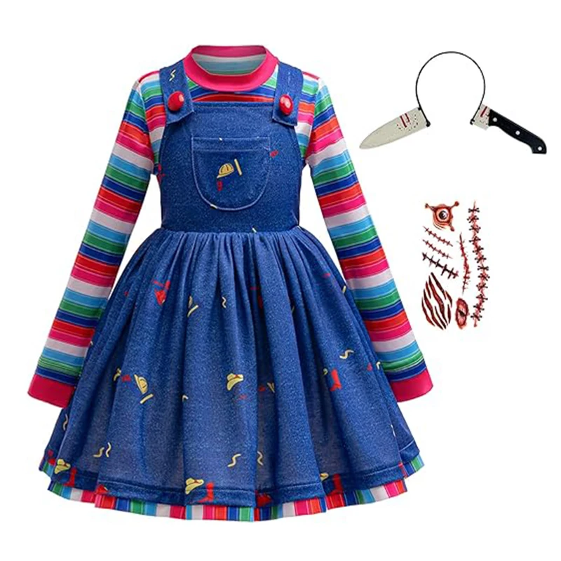 2PCS Halloween Costume Girl Rainbow Striped Shirt+Blue Denim Princess Dress Kids Movie Horror Ghost Carnival Cosplay Costumes
