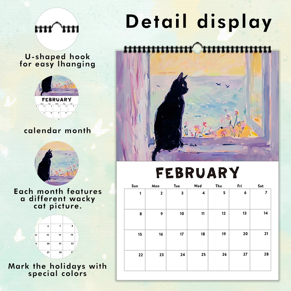 1 قطعة تقويم حائط 2026، سلسلة قطط لطيفة مرسومة يدويًا، 12 تصميمًا جميلًا، هدية مثالية لمحبي القطط، عيد الميلاد، عيد الميلاد ورأس السنة الجديدة #4
