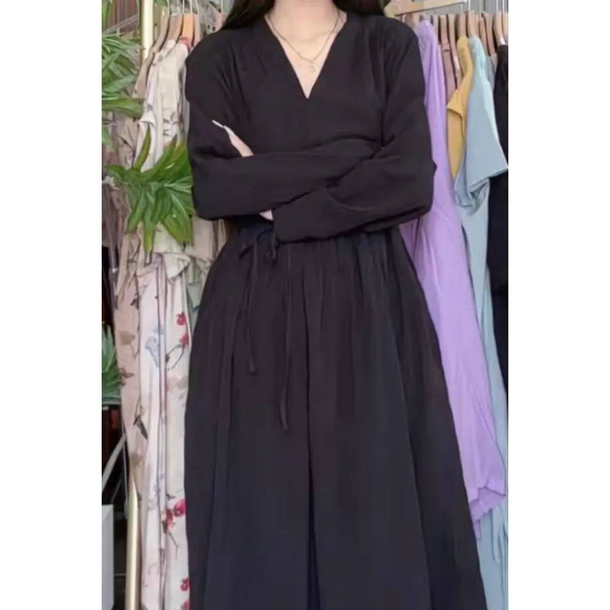 Spring New V-neck Pure Cotton Long Sleeve Drawstring Waist Loose Women's Dress Mid-length A-line Skirt Casual Style