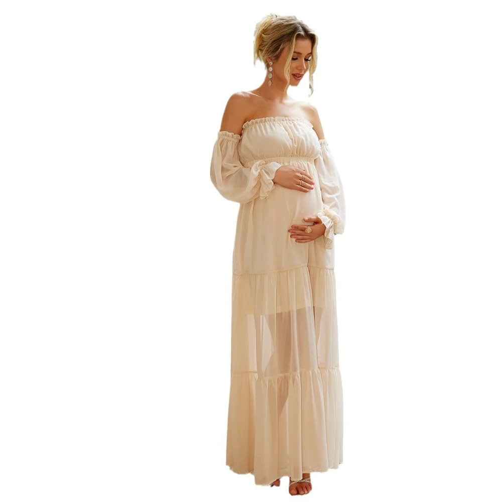 

Pregnant Woman Dress Elegant Maternity Dresses Summer New Ruffled Slit Maxi Gown Women Flare Sleeve Off Shoulder Pregnant Dress