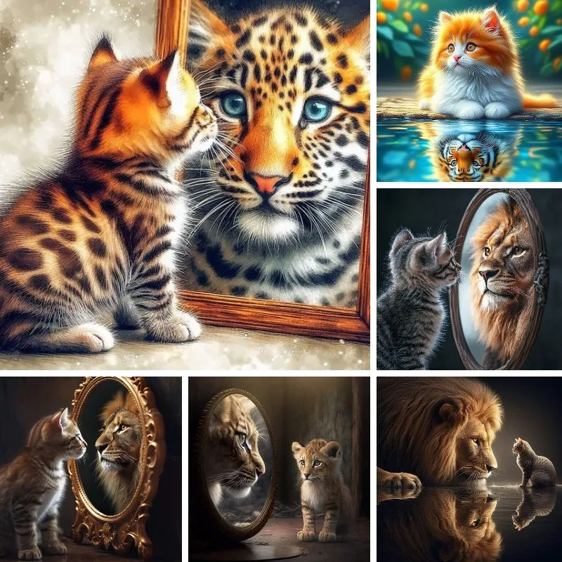 Diamond Painting, Cat Reflection Lion Tiger, Full Diamond Mosaic ,Kitten Dream Set ,Handmade Gift Art ,Home Decoration