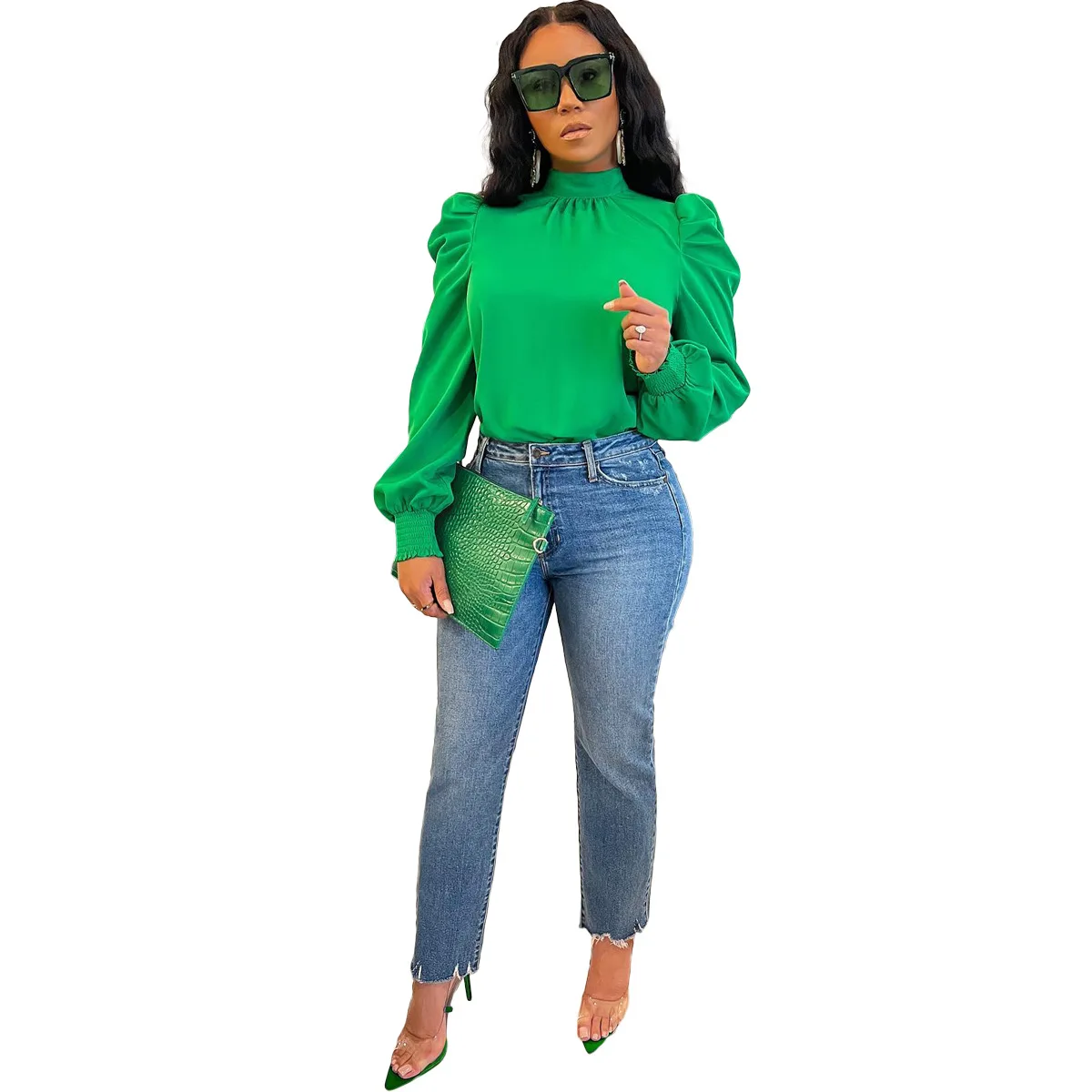 2025 New Green Shirts Blouses Women Solid Color Long Sleeve Stand Collar Bubble Sleeve Back Lace Up Top