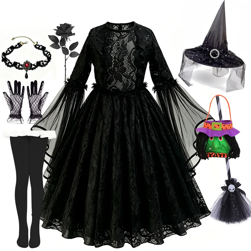Kid Spooky Party Cosplay Clothing Girls Long Lace Witch Gown Hat Broom Set Photo Props For Carnival Costume Competition Dress Up