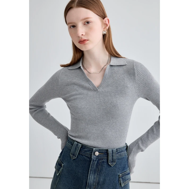 Women's Clothes Grey Sweater POLO Collar Korean Fashion Vintage Lazy Wind Winter Female Knitting Long Sleeves Pullover Tops