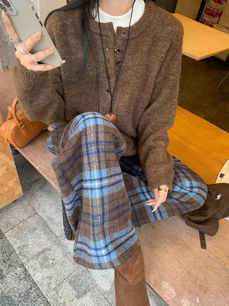 Blue Plaid Thickened Woolen Casual Pants Straight Leg Wide Leg Floor Length Trousers Autumn Winter New Style Trendy Women's Long
