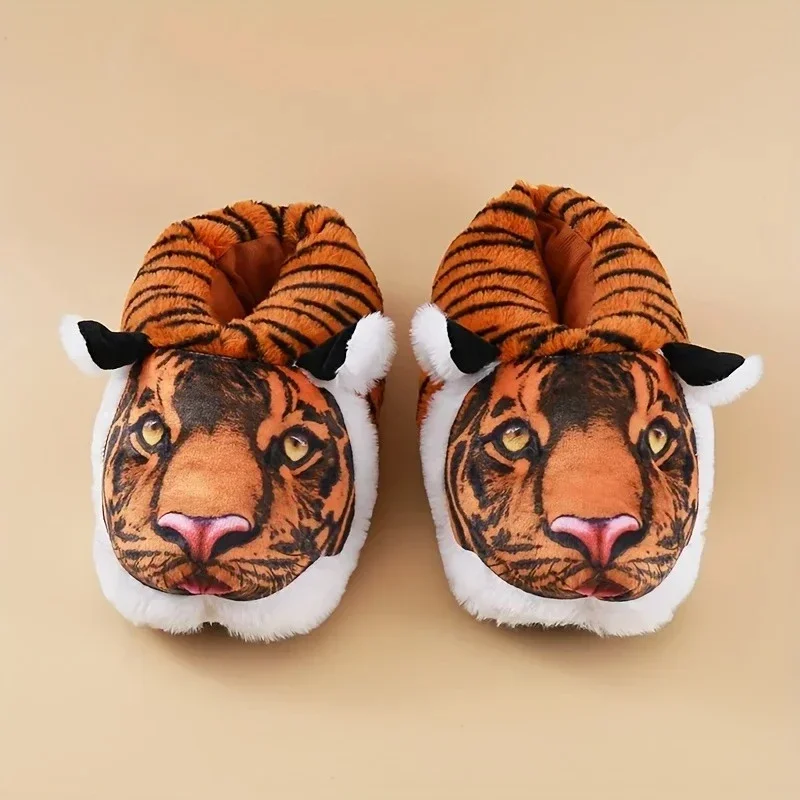 Winter Women Men Funny Tiger Plush Slippers Winter Warm Animal Shape Non Slip Indoor Home Soft Cozy Fluffy Couple House Footwear