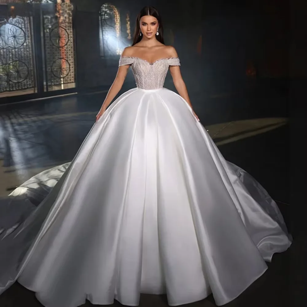 

Customized Exquisite Gorgeous Satin Court Train Ball Gown Wedding Dresses Sweetheart Beading Appliques Vintage Bridal Gown