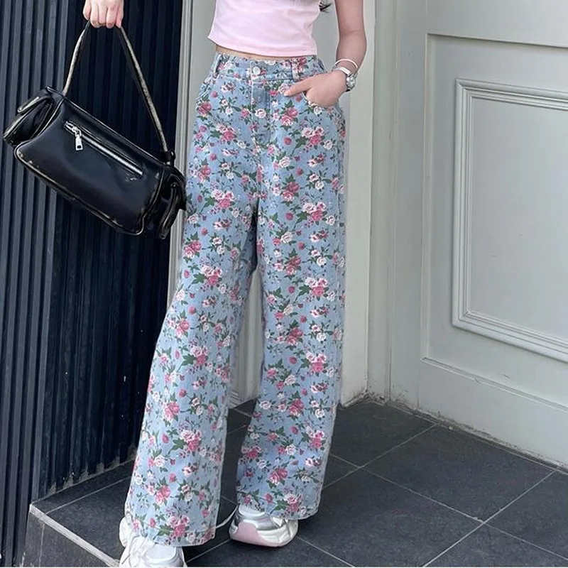 

Girls Retro Flower Print Wide Leg Jeans for Kids Spring Summer High Waist Straight Loose Denim Pants Children's Full Trousers