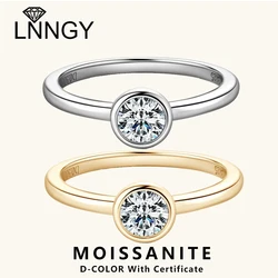 Lnngy 5mm 0.5ct Bezel Moissanite Ring 925 Sterling Silver Wedding Band for Women Lovers' Engagement Promise Rings Jewelry Gift