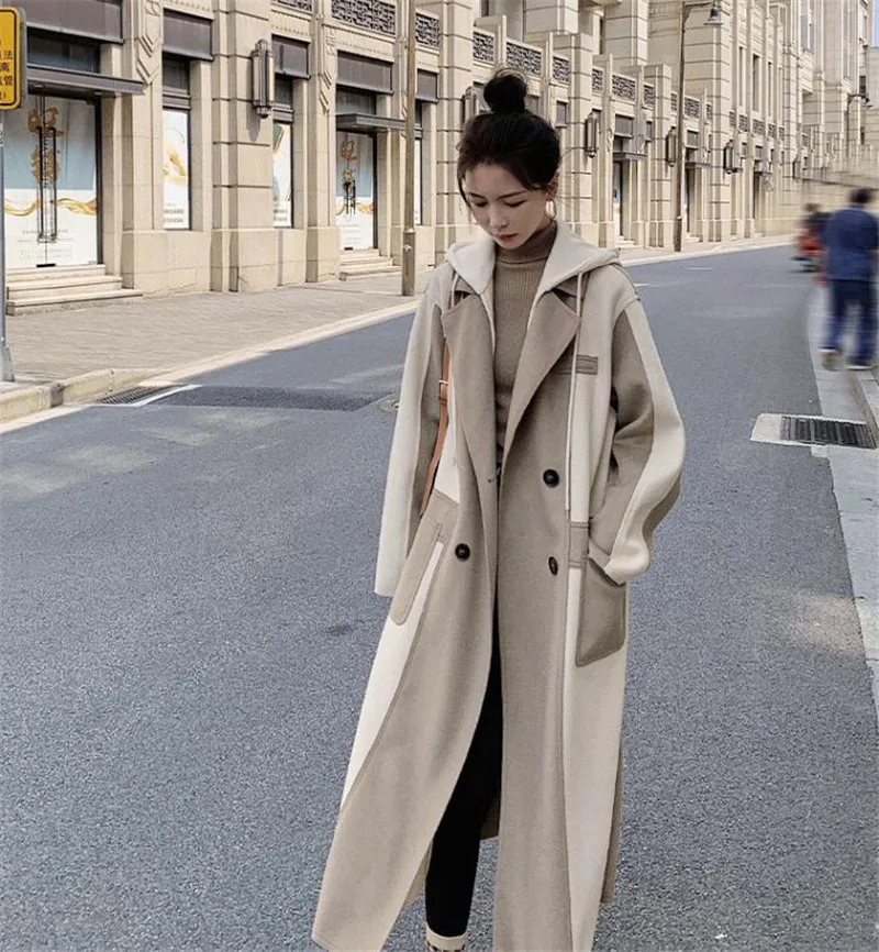 

Detachable hood color block woolen coats for women autumn winter 2023 long fashion design coat Female Overcoat Y4641