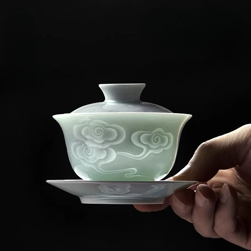 180ML celadon cover bowl, Chinese style pure hand-carved Kung Fu tea set, tea bowl, hand-held tea bowl