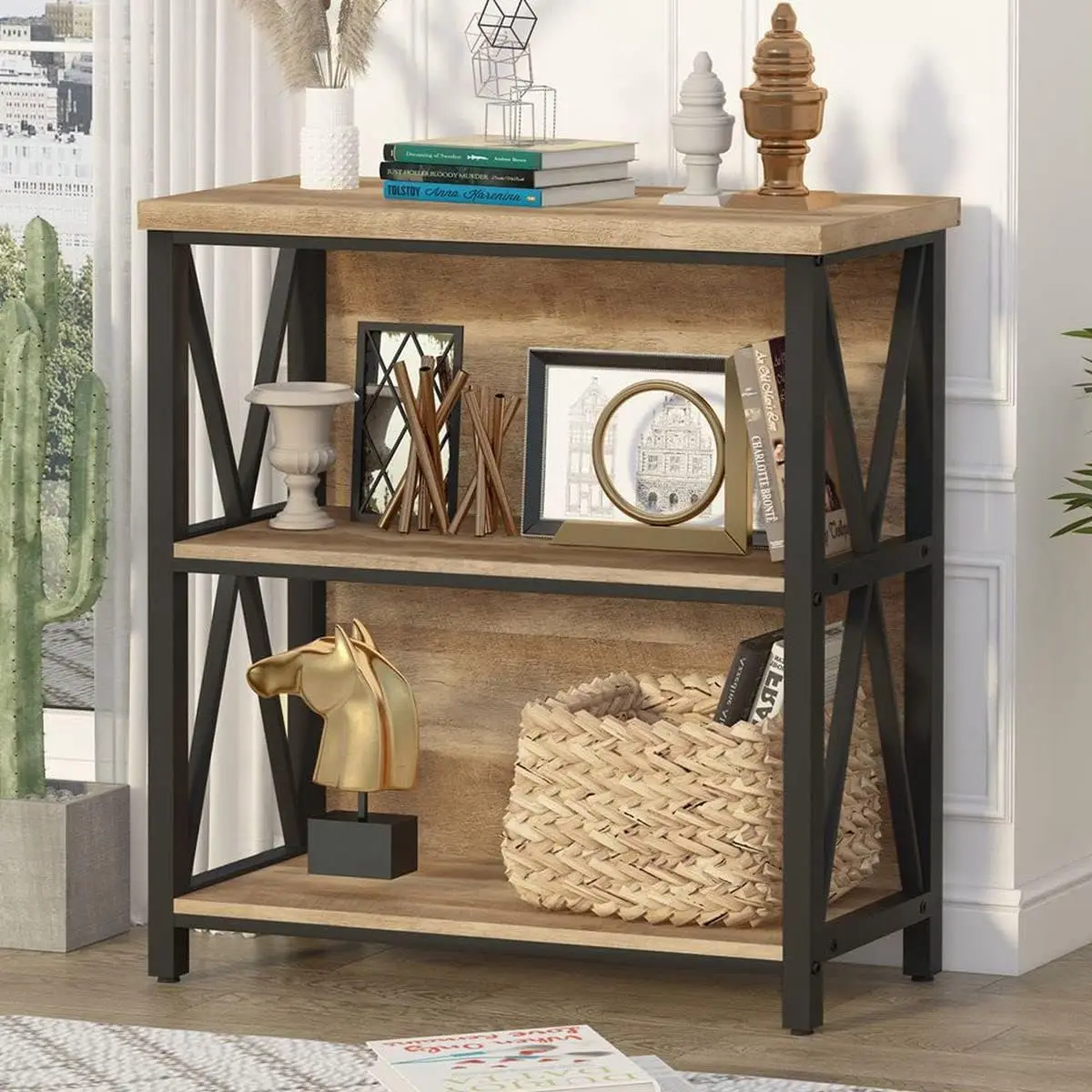 

Small Bookcase, Wood and Metal Low Short Bookshelf, Industrial Book Case and Rustic Book Shelf for Small Space (Rustic Oak)