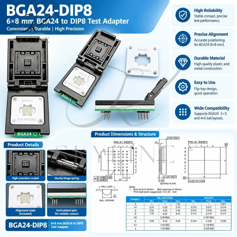 BGA24 DIP8 6X8 mm 5X5 and 4X6 Ball Universal Adapter IC Socket with Dual Head Probe Holder Long Service Life