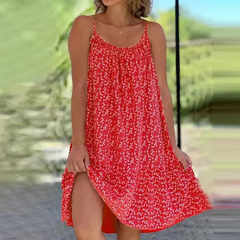 Vestido feminino elegante plissado solto para praia, sem mangas com decote em O, vestidos casuais com estampa floral, verão, novo, 2023