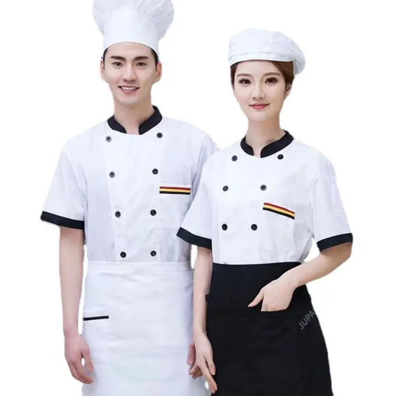 Chefs Short Sleeve Summer Set Restaurant Hotel Kitchen Workwear Men and Women Youth Breathable Thin Chef Jacket Apron Chef Coat