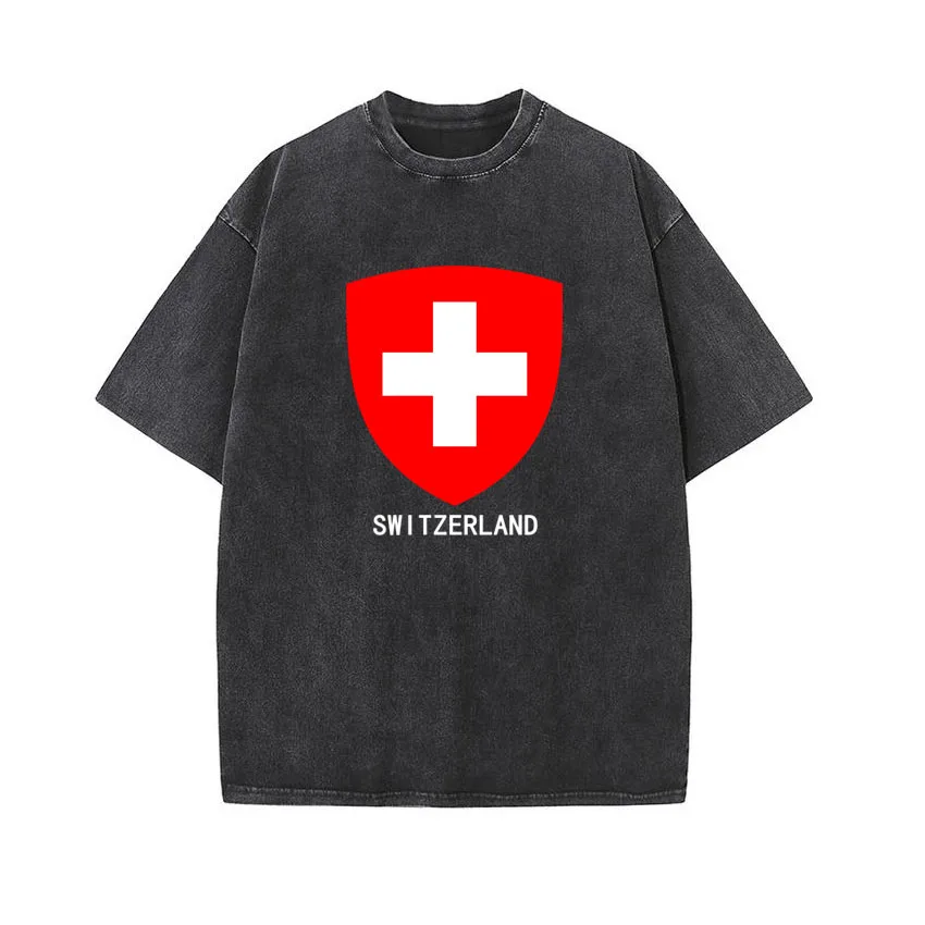 

Vintage Cotton Washed T-Shirt Loose Men Women Hip Hop Summer Top Switzerland National Emblem Printed Boy Girl Couple Tee