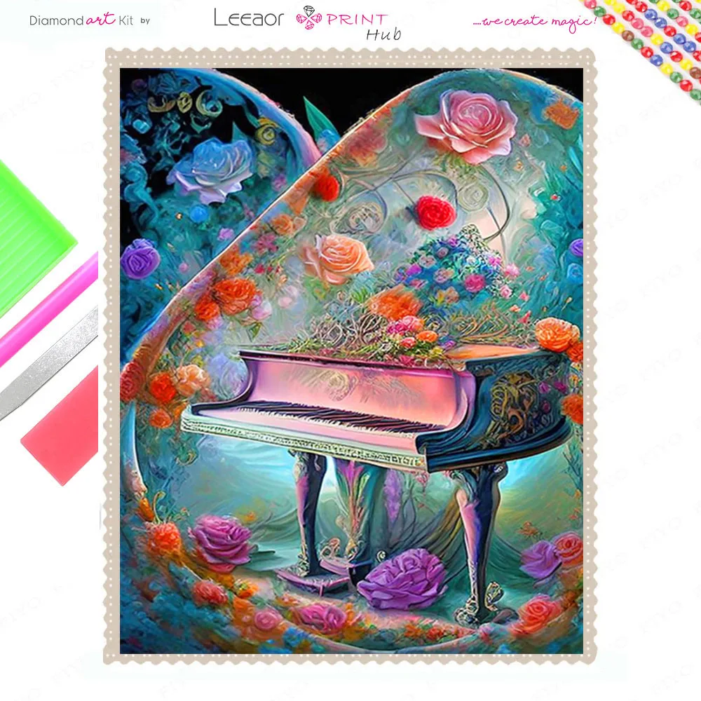 Diamante bordado Piano rosas paisagem mosaico, imagens de instrumentos musicais, decoração para casa, 5D, DIY, 2023