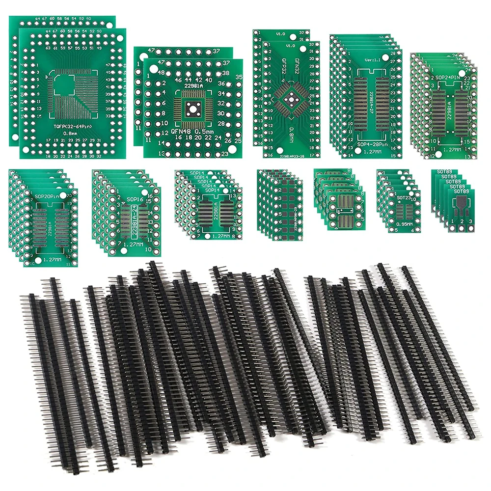 12 Types SMD to DIP Adapter PCB Proto Board Plate Converter SOP SOT 0402/0603/0805 TQFP QFN +  2.54mm Male 40 Pin Header