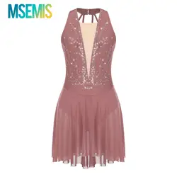 Womens Ballet Lyrical Dance Dress Glittery Rhinestone Figure Skating Dress Sheer Backless Asymmetrical Hem Modern Dance Dresses