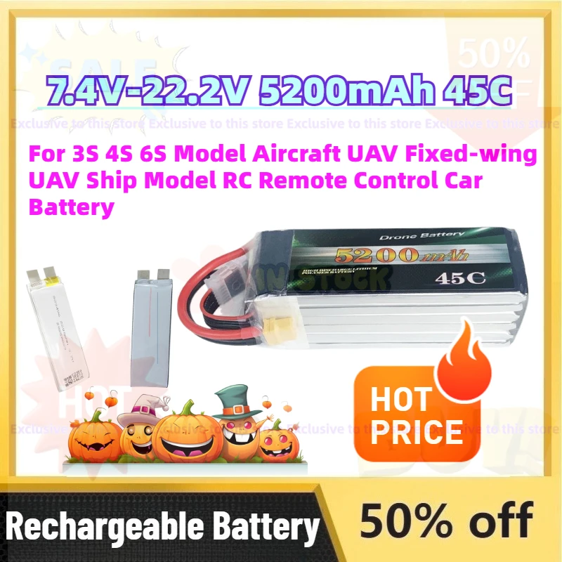 

In Stock 7.4V-22.2V 5200mAh 45C Battery for 3S 4S 6S Model Aircraft UAV Fixed-wing UAV Ship Model RC Remote Control Car Battery