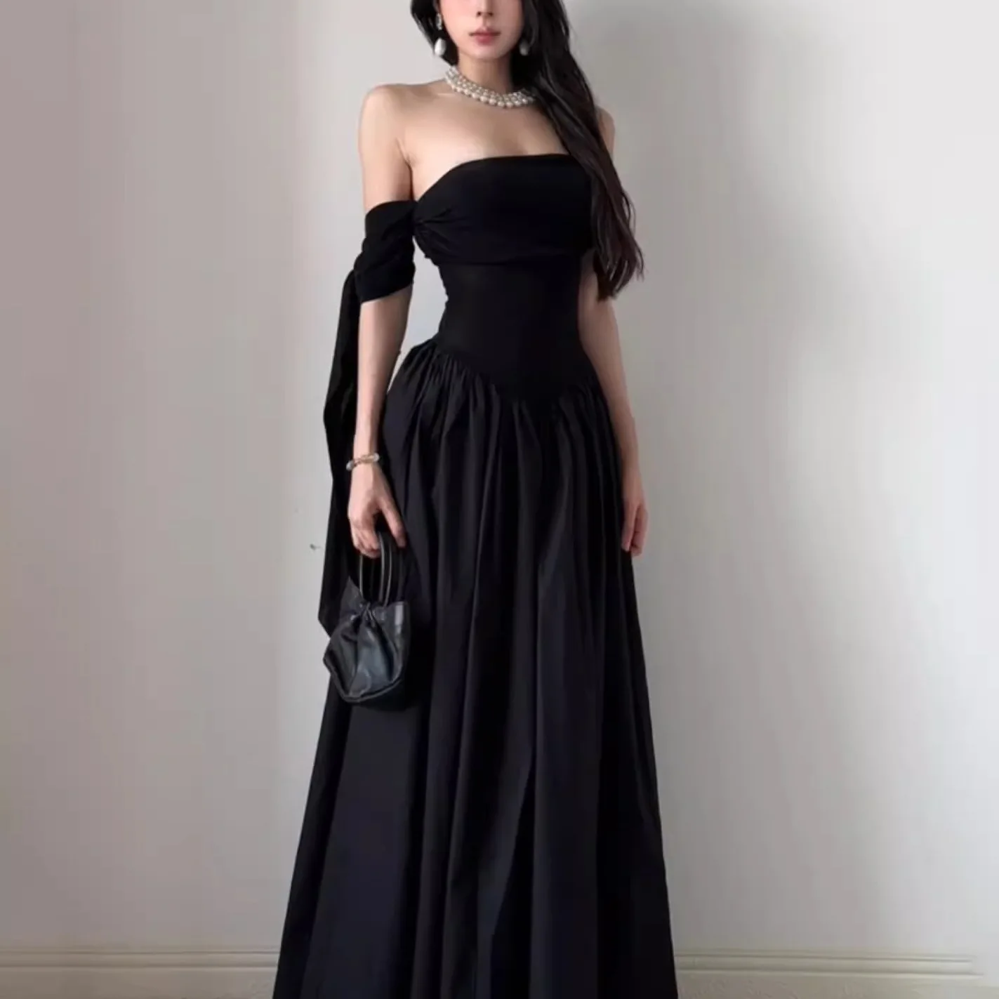 

New Pure Desire Sle ort Sve One oulder Dr Women's Ele Waist Cinching Slimming High Waist Knitted Cotton A-Lin...