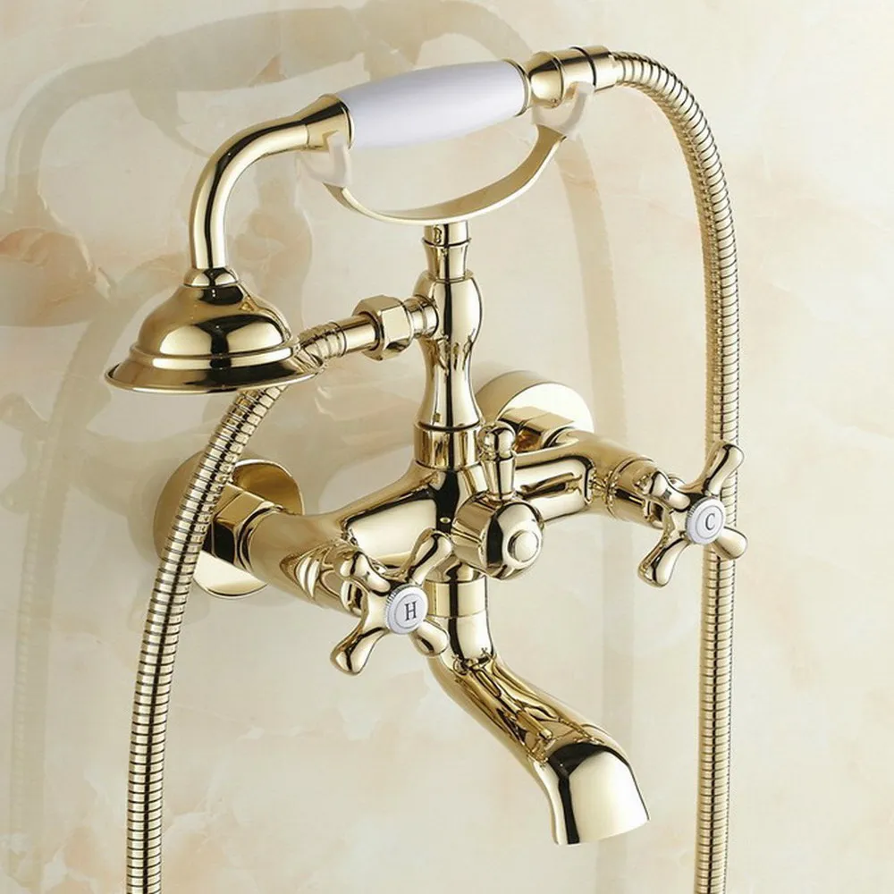 

Polished Gold Bathroom Tub Faucet Telephone Style Bathroom Bathtub Wall Mounted With Handshower Swive Tub Spout Ntf130