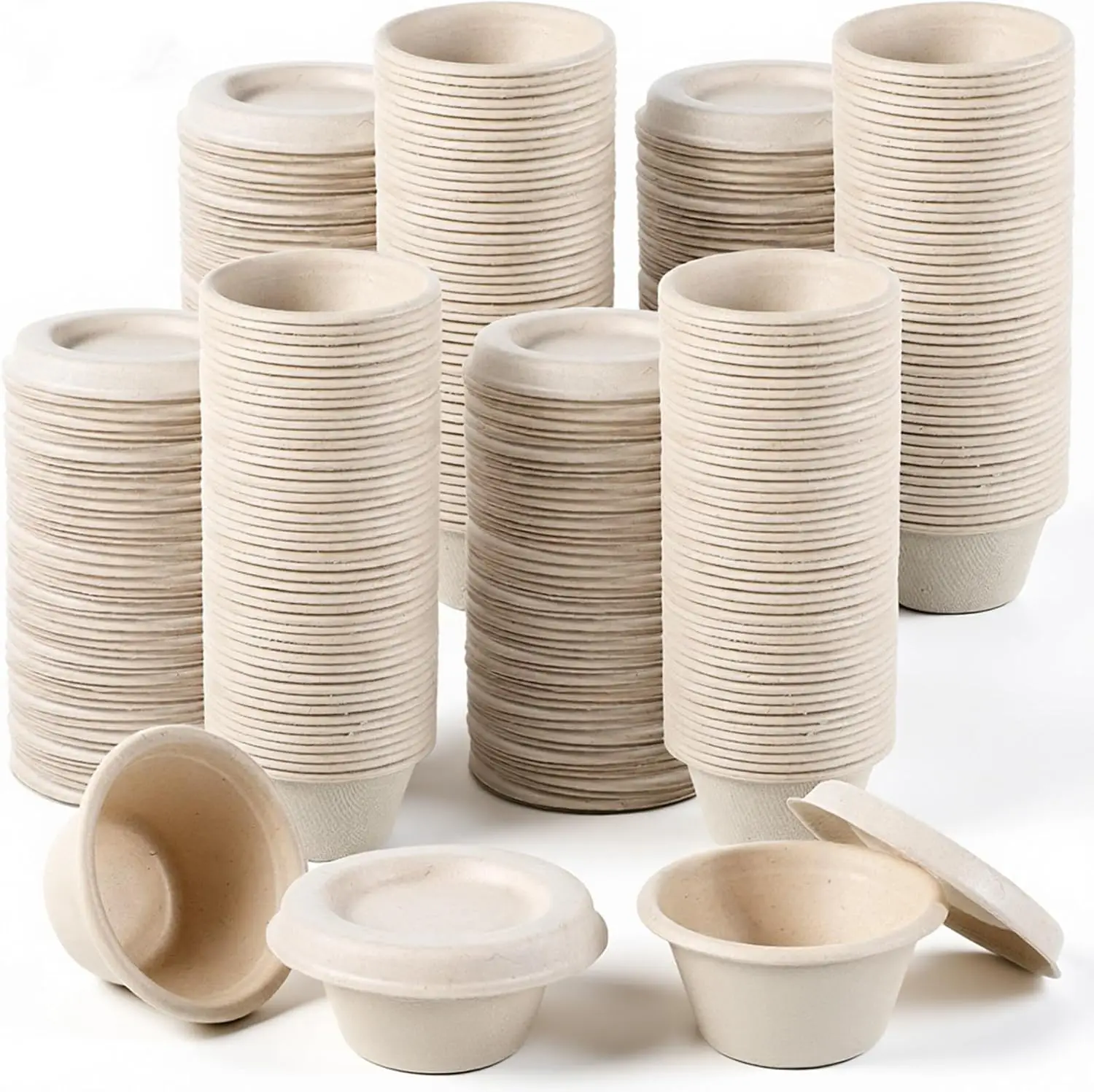 250 Pack 2 oz Natural Bagasse Fiber Cups with Lids, Natural Compostable Condiment Cups, Paper Tasting Cup, Disposable Pa