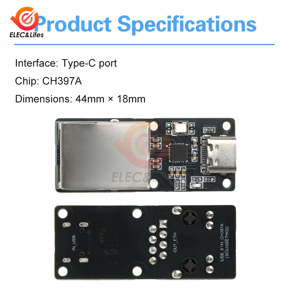 CH397A로 구동되는 USB Type-C-RJ45 어댑터, 외부 전원이 필요하지 않으며 노트북 및 태블릿에 이상적입니다.
