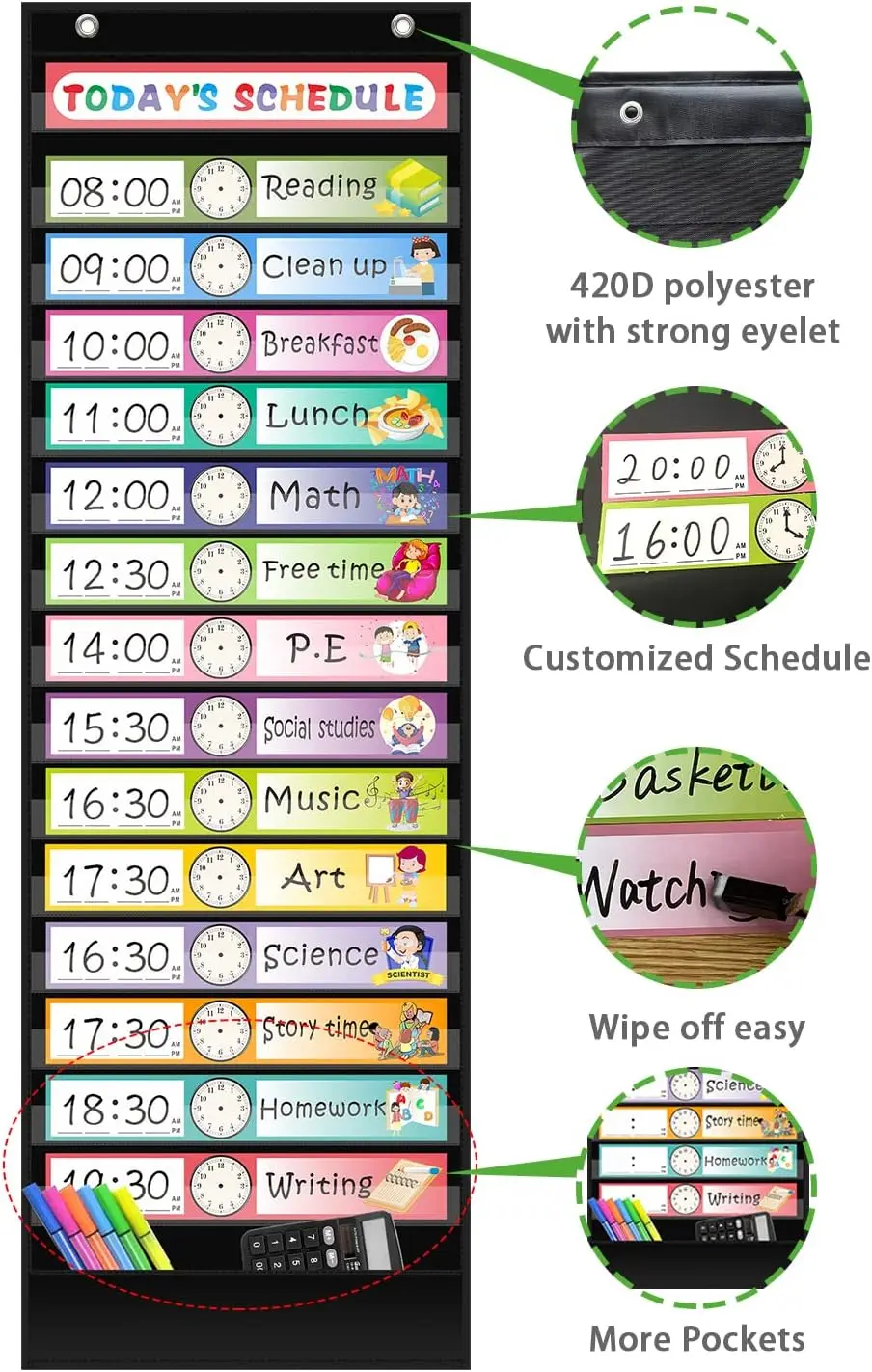 Boho Daily Schedule Pocket Chart with 30 Pcs Double-Sided Reusable Cards Scheduling Pocket Chart for Classroom Home Preschool