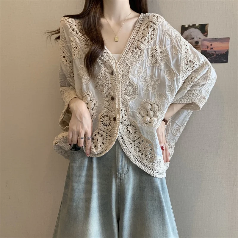 Boring Honey Plus-Size Women's French V-Neck Crocheted Hollow Cropped Sleeve Sunscreen Top Summer Fat Girl Slim Temperament Shir