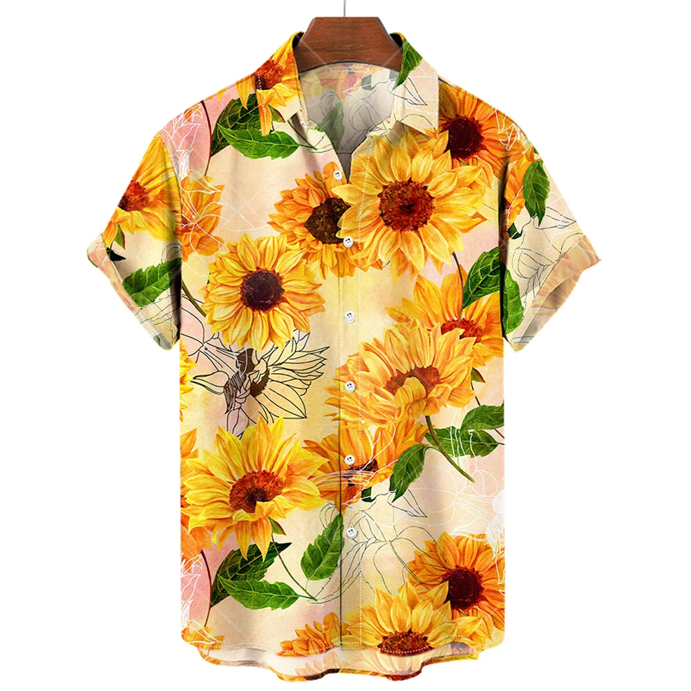 Camisas hawaianas para hombre, camisas con solapa y estampado de girasol, Tops de manga corta a la moda, ropa holgada de gran tamaño, 2023