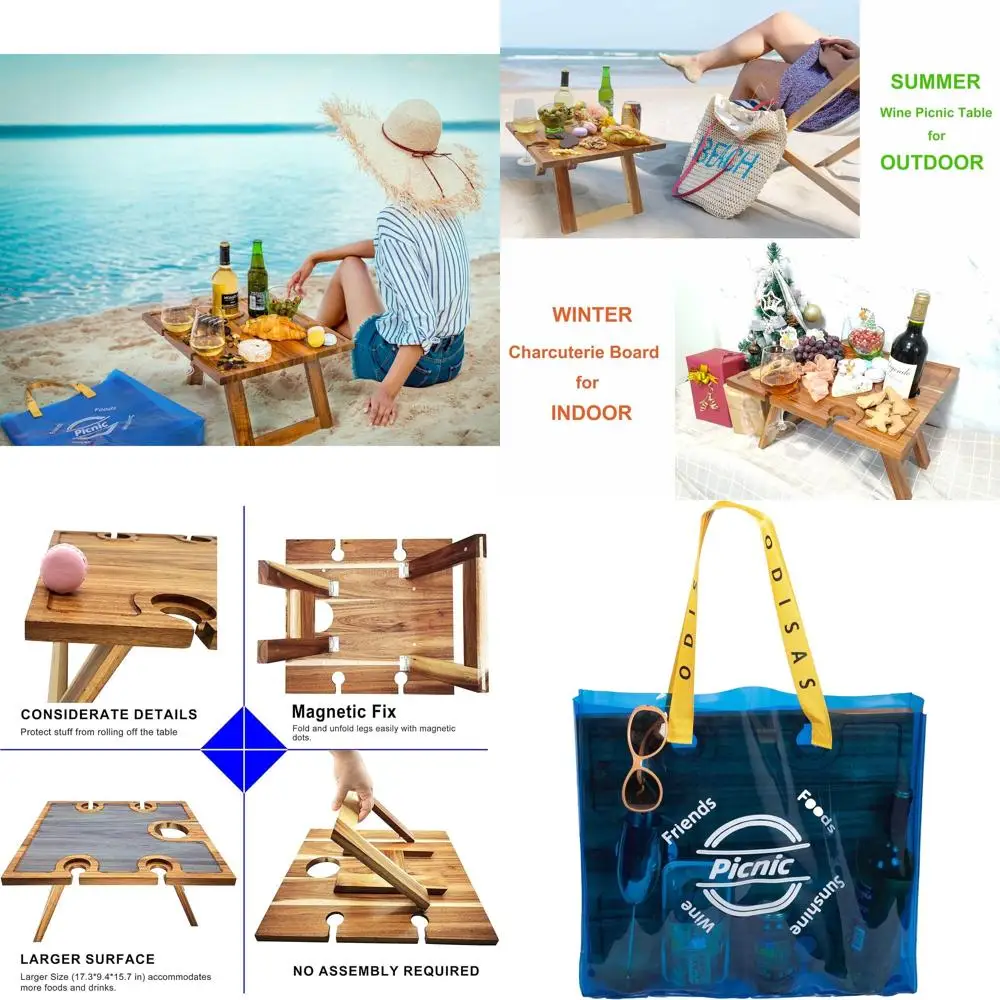 

Compact Acacia Wood Wine Picnic Table with Carry Bag, Ideal for Autumn Outings, Beach Use, Romantic Getaways, and Camping