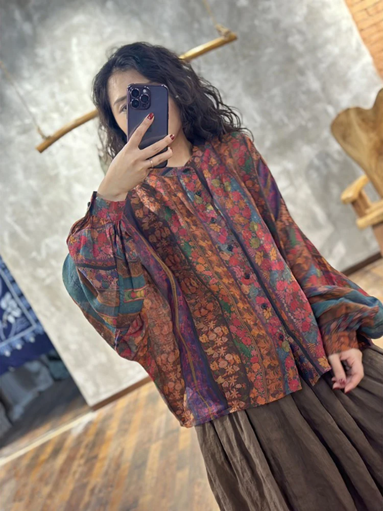 Atasan Cardigan Terbuka Kerah Tegak Model Kelelawar Ukuran Besar dengan Cetakan Warna Kontras Retro dari Kain Linen untuk Wanita Ukuran Plus Musim Gugur