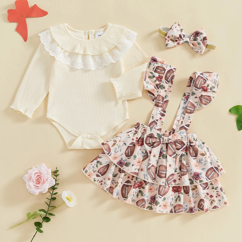 Toddler Baby Girl Fall 3Pcs Outfits Lace Ruffles Romper Rugby Print Suspender Skirts Headband Set Fall Lovely Clothes Set