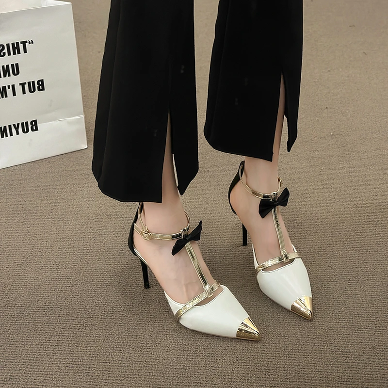 Spring New High-heeled Shoes for Women with Bow One-line Buckle Metal Braid Toe Sandals Pointed Thin Heels for Women