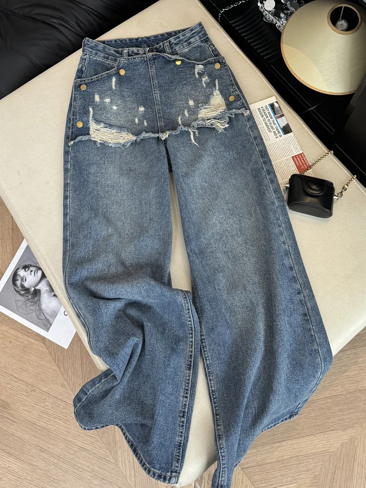 

Ретро джинсы с высокой талией и широкими штанинами для женщин, осень 2025, новинка, с вышивкой и дизайном с дырками, повседневные прямые джинсы