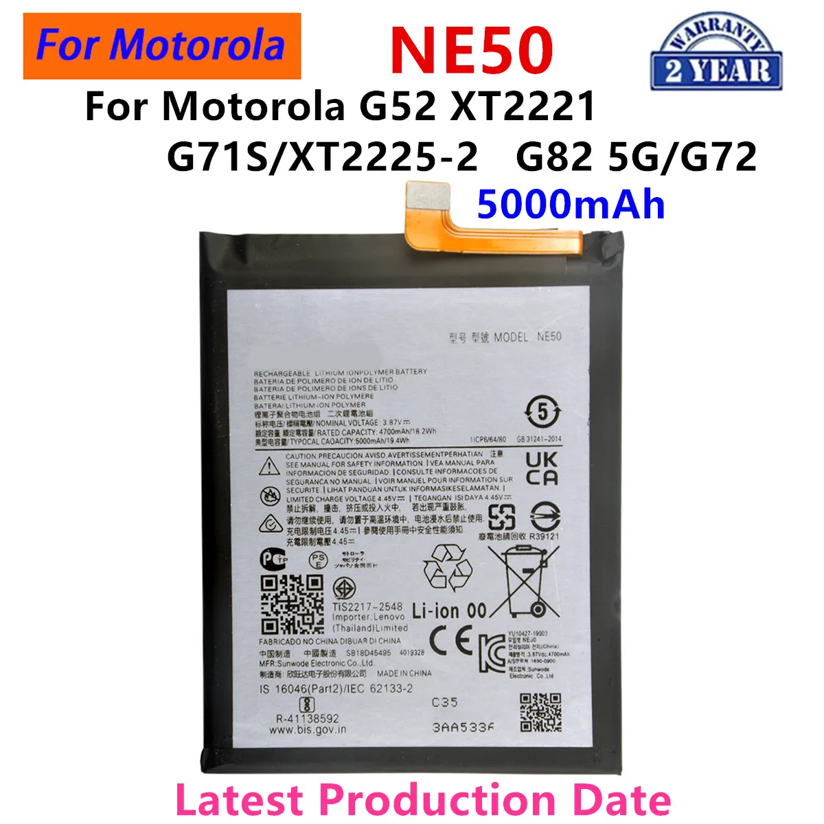 

100% Original NE50 5000mAh Battery For Motorola G52 XT2221/ G82 5G/G72 G71S/XT2225-2 Phone Batteries